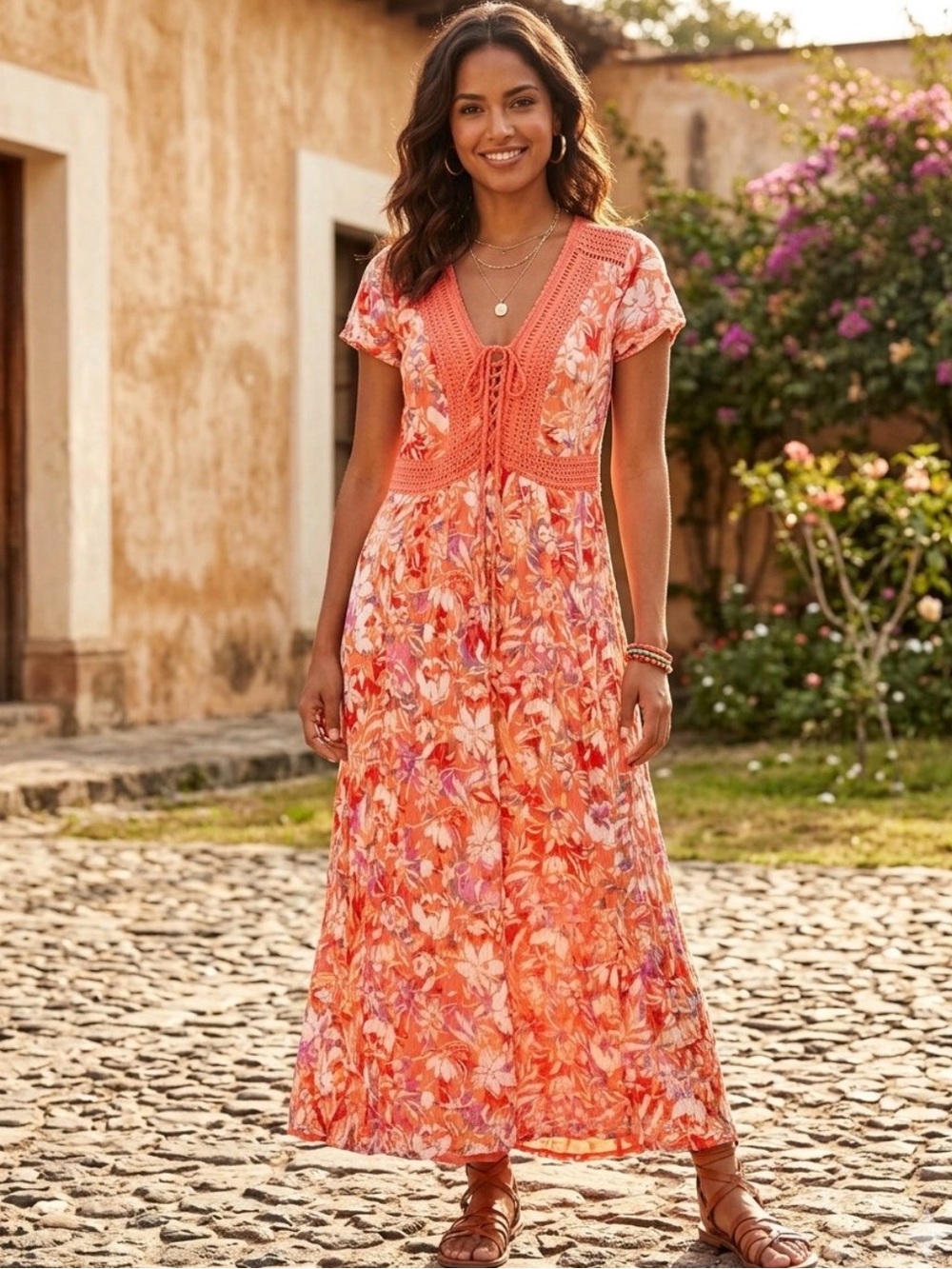 Floral Crochet-Trim Midi Dress in Coral